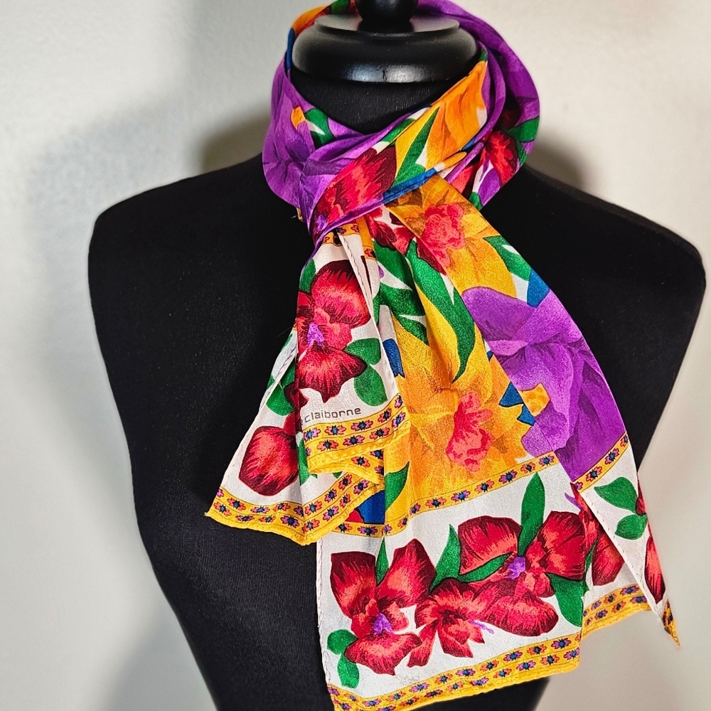 Vintage Liz Claiborne Colorful Floral Print Silk Rectangular Long Scarf